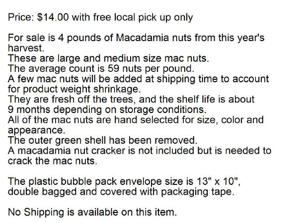 4 pounds Macadamia Nuts description