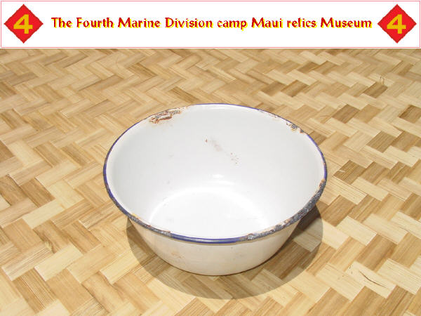 White metal bowl with blue rim